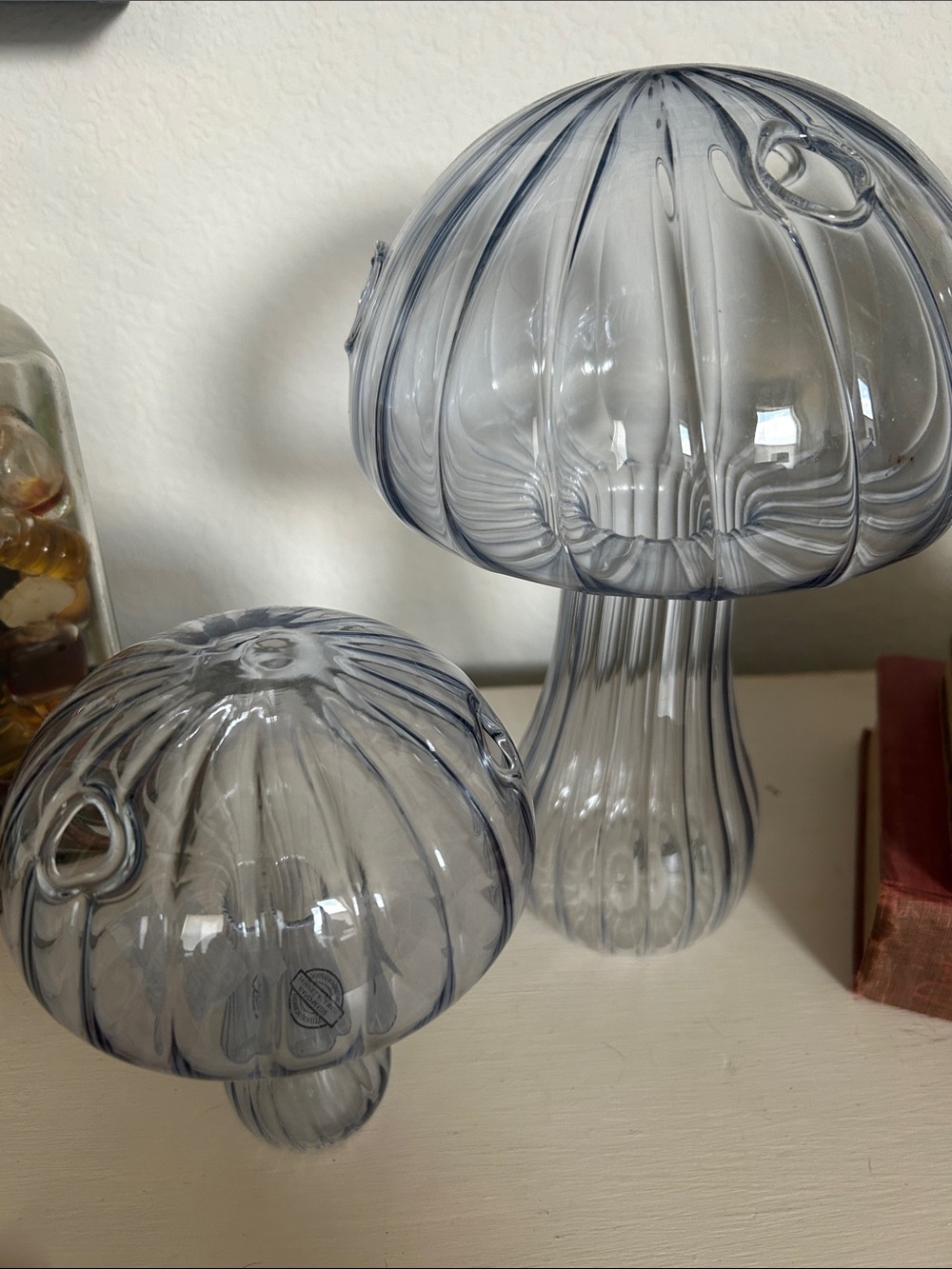Smoky Glass Mushroom Accent Sculptures - Pair